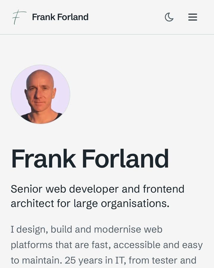 Mobile view of this portfolio with the header, portrait photo and introduction